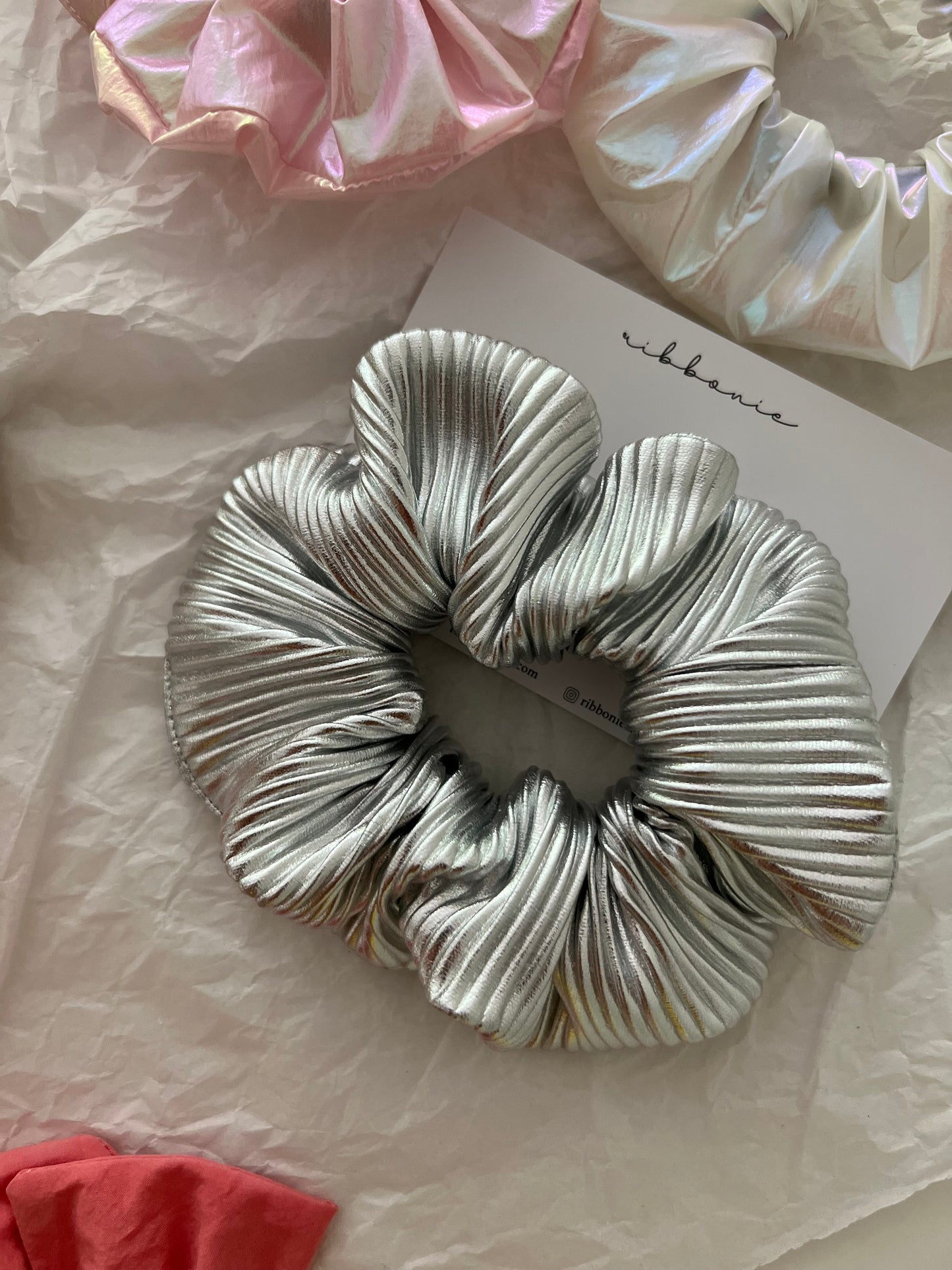 Metallic silver scrunchie